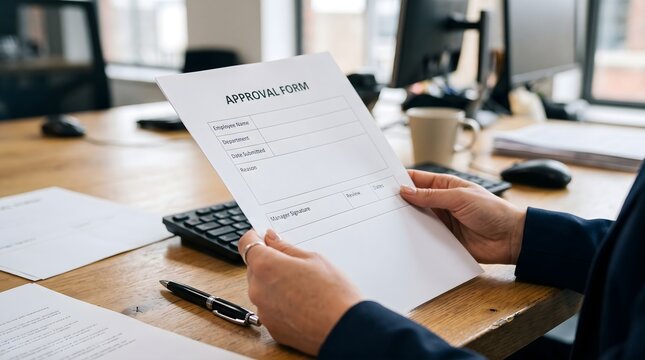 Hands holding approval document form in office environment