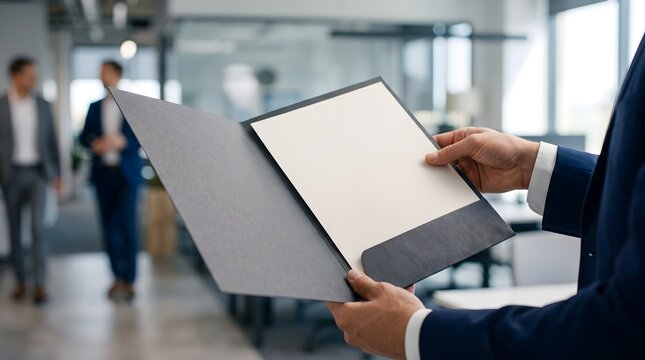 Hands holding blank document folder in modern office environment