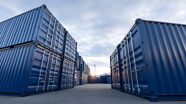 Rows of blue shipping containers stacked in an industrial yard under a cloudy sky with a distant horizon