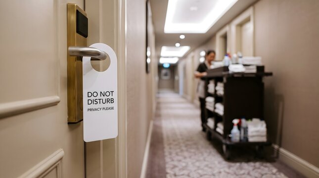 Privacy sign hanging on hotel room door in hospitality corridor