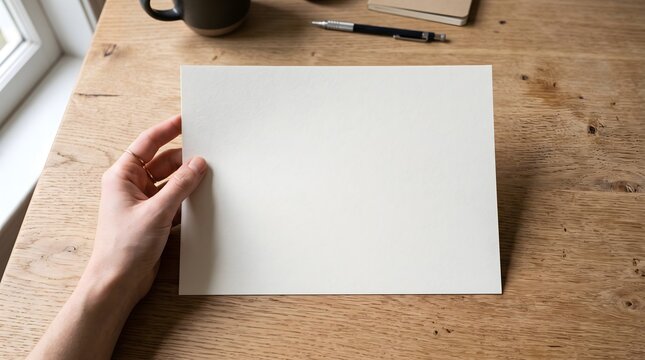 Hand holding blank paper sheet on wooden desk background mockup