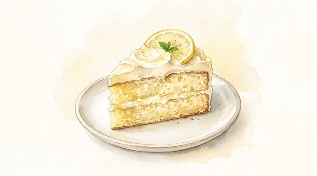 Watercolor lemon cake slice illustration on ceramic plate with citrus garnish