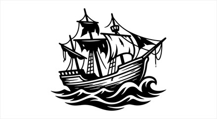 Vintage Sailing Ship Illustration on Wavy Ocean Waters. © Firza