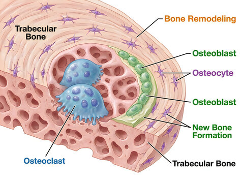 Bone Remodeling Cellular Process Medical Illustration Showing Osteoclast Osteoblast Osteocyte and Trabecular Bone Formation Isolated