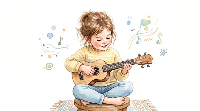 Watercolor painting of a cute little girl playing a small guitar