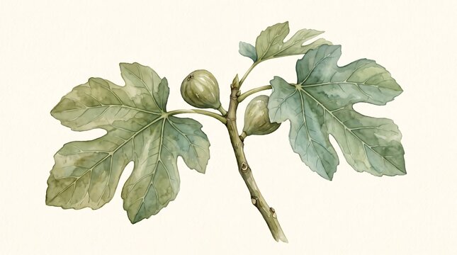 Watercolor painting of a fig branch with green leaves and fresh fruit