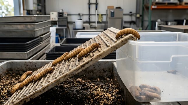 Macro view of black soldier fly larvae crawling up ramp separator into plastic harvest bin