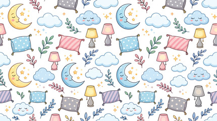 Obraz premium Cute Bedtime Seamless Pattern with Moons Clouds Pillows and Lamps Vector Illustration for Nursery Decor