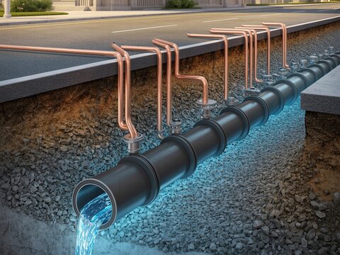 Cross section view of underground water pipes and copper connections under a road
