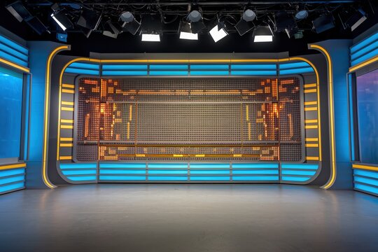 Modern television news studio set with glowing digital screen and stage lighting