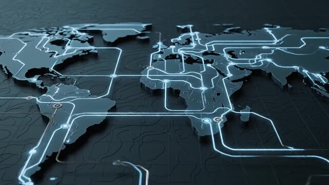 3D digital world map with glowing blue data lines connecting global communication hubs and continents for networking concept.