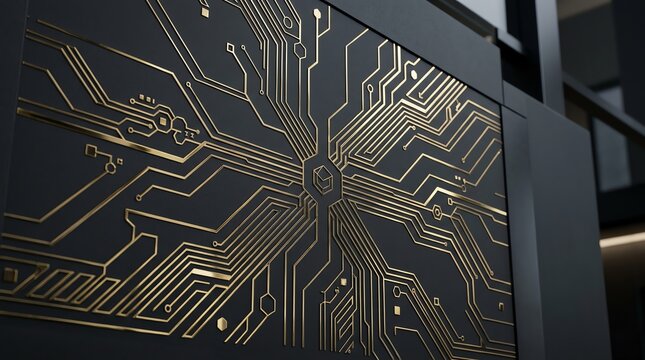 Gold electronic circuitry on dark grey surface