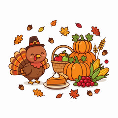 Fototapeta premium Cute Cartoon Thanksgiving Illustration with Turkey Pilgrim Hat Pumpkins Pie and Autumn Leaves Isolated on White Background