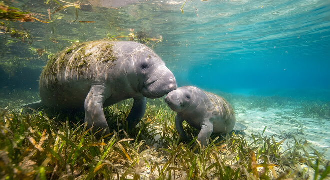 Manatee mother and calf grazing on seagrass underwater