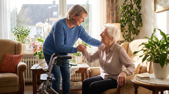A caring woman helping an elderly senior lady stand up from her chair at home.