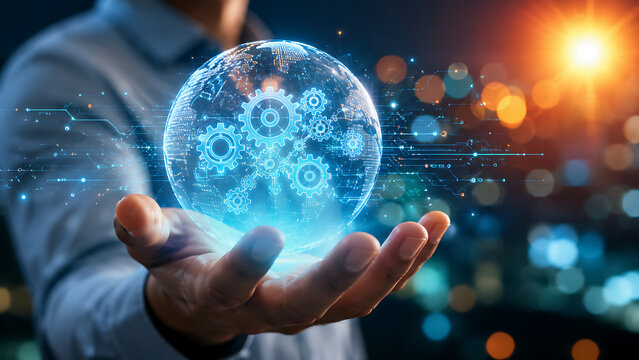 Hand holding glowing globe with mechanical gears representing global engineering industry and technological innovation connectivity.