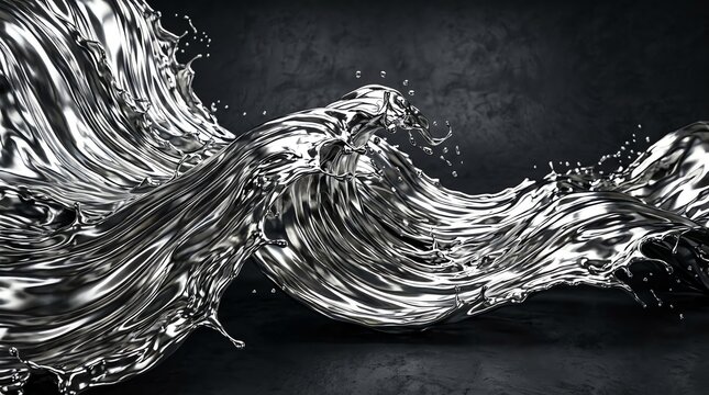 Liquid silver splashes flowing on dark background