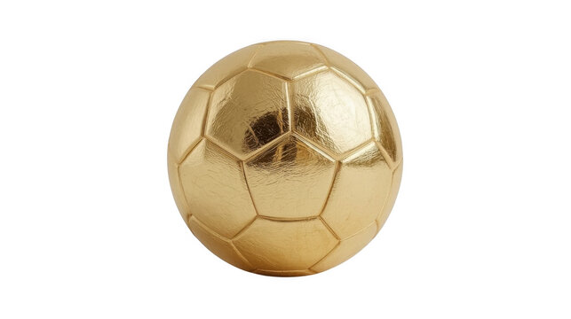 A golden metallic soccer ball with pentagonal and hexagonal patterns sits isolated against a transparent background.