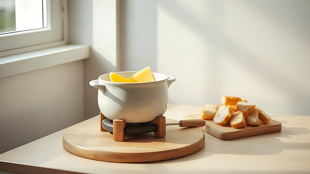 Ceramic cheese fondue pot on wooden trivet with bread cubes, cheese fondue dinner concept