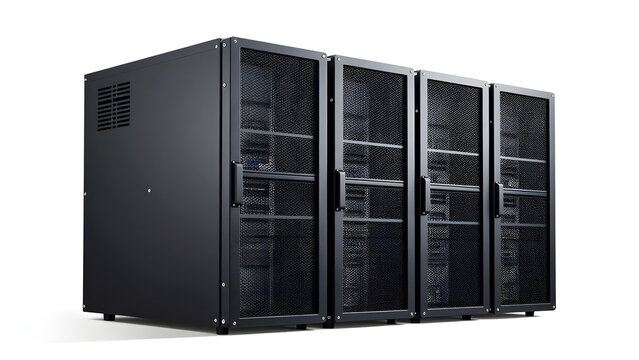 A row of black server racks for data center storage isolated on white background.