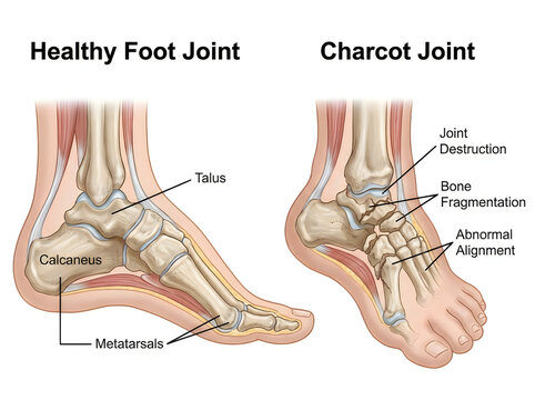 Charcot Foot Neuropathic Arthropathy Comparison with Healthy Joint Medical Illustration Showing Bone Fragmentation and Joint Destruction Isolated