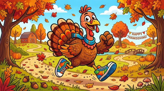 Happy turkey running on a path in the autumn forest