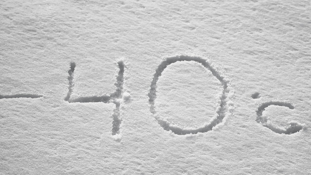 Snowy background, photo of snow texture and numbers indicating winter temperature