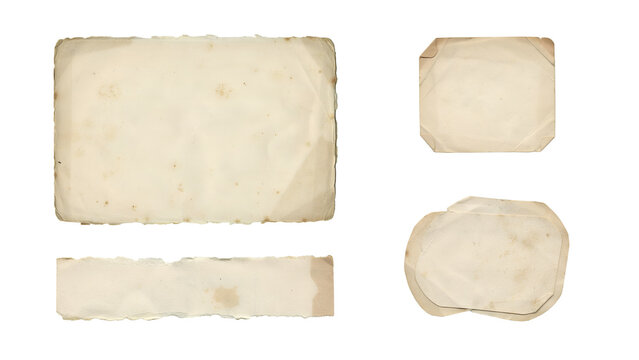 Set of old vintage paper scraps and blank photo frames with torn edges isolated on white background