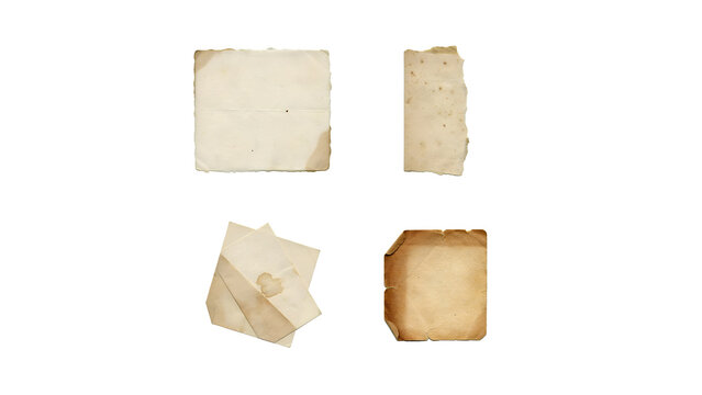 Set of four vintage aged paper scraps and old parchment textures isolated on white background