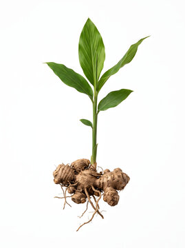 Detailed studio photograph of a young fresh ginger or turmeric plant featuring lush green leaves and fully developed raw underground rhizome roots isolated on a crisp white background, ideal for bo...