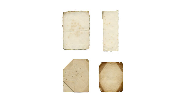 Set of four vintage aged paper textures with torn edges and stains isolated on white background