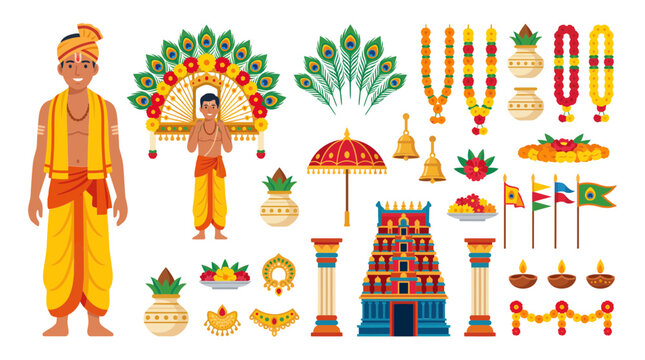 Thaipusam Hindu festival elements set with Tamil devotee carrying kavadi and temple architecture