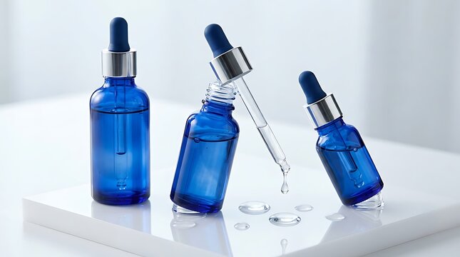 Three blue glass bottles with droppers for face serum or essential oil. high quality serum containers