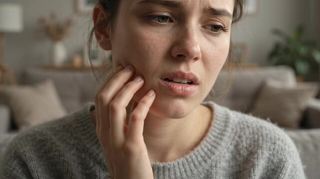 Young Woman Suffering From Severe Toothache Touching Painful Jaw