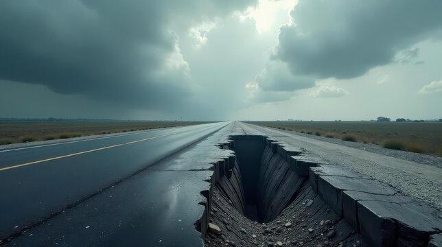 A damaged highway stretches towards a dramatic, overcast sky, a deep fissure splitting the asphalt under a brooding atmosphere