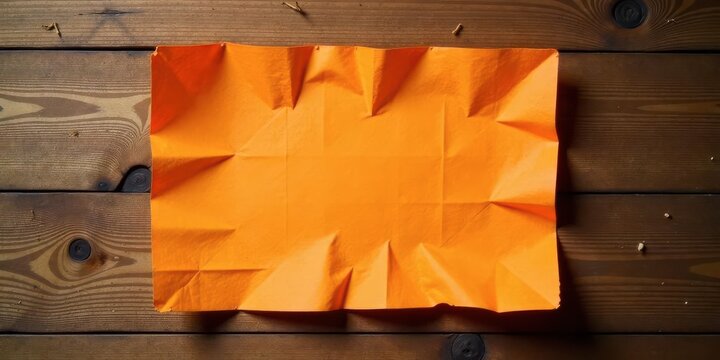 A vibrant orange sheet of paper, casually folded and resting on a rich brown wooden surface, offers a blank canvas for creative expression or message delivery.
