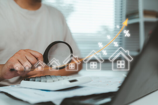 Real estate is online on virtual screens. home search, land price, real estate market. Real estate investment goals include buying a house, location, real estate market growth, and investment trends.