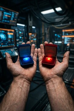 First-person perspective of hands holding open ring boxes with glowing red and blue pills in a dark futuristic computer laboratory with cinematic dramatic lighting.