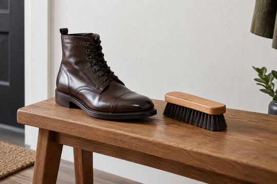 Wooden shoe care brush beside polished leather boot