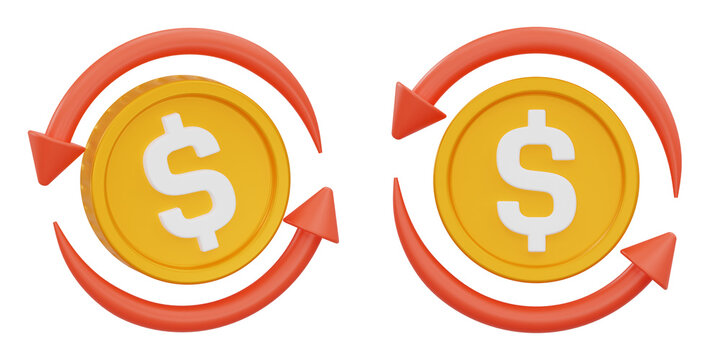 Dollar coin with circular arrows symbol for money exchange currency conversion and cashback transfer