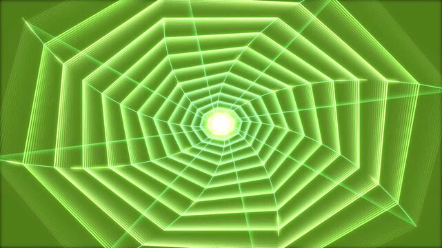 Glowing green neon octagon tunnel animation creating an immersive depth experience for modern digital motion footage