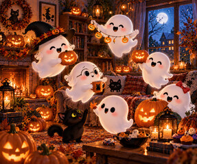 Obraz premium Cute Ghost Friends Decorating Cozy Halloween Home with Glowing Jack O Lanterns