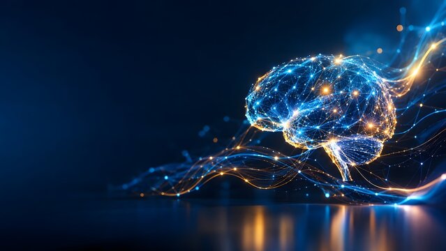 Digital human brain glowing with neural network connections on dark background