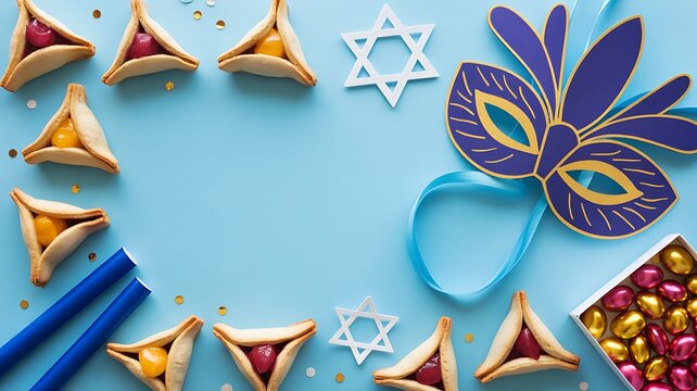 Purim Holiday Flat Lay with Cookies, Mask, and Star