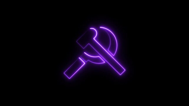 Neon purple hammer and sickle symbol glowing on black background, minimalist communist animation for political documentary or historical motion