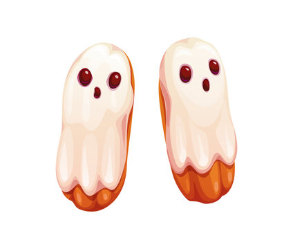 Halloween eclair sweets with cartoon boo ghost faces for scary candy or cookies. Halloween holiday monster pastry food of eclair with poltergeist scary faces on sugar icing for trick or treat sweets