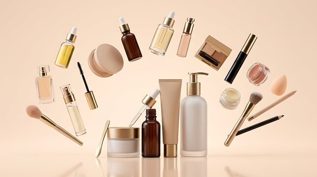 Collection of various cosmetic makeup products and skincare bottles floating on a light background. beauty bundle deals