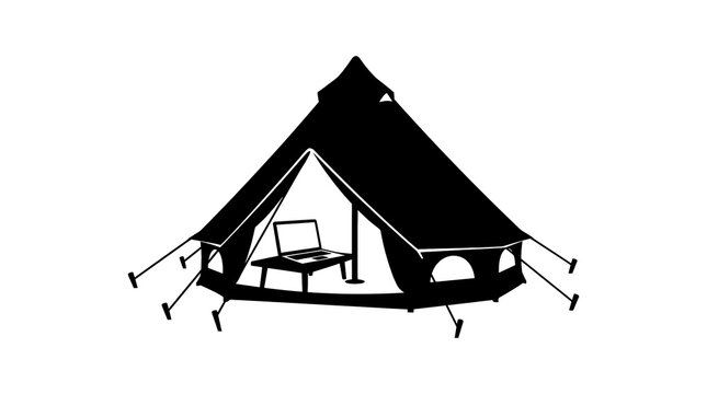 Laptop on a table inside a camping tent