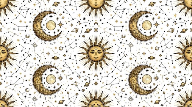 Mystical celestial seamless pattern featuring vintage sun, moon phases with faces, and stars on white. Perfect for boho astrology decor, tarot fabrics, and witchy aesthetic wrapping paper.