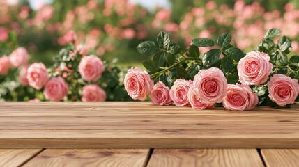 Obraz premium Pink roses resting on wooden table in garden